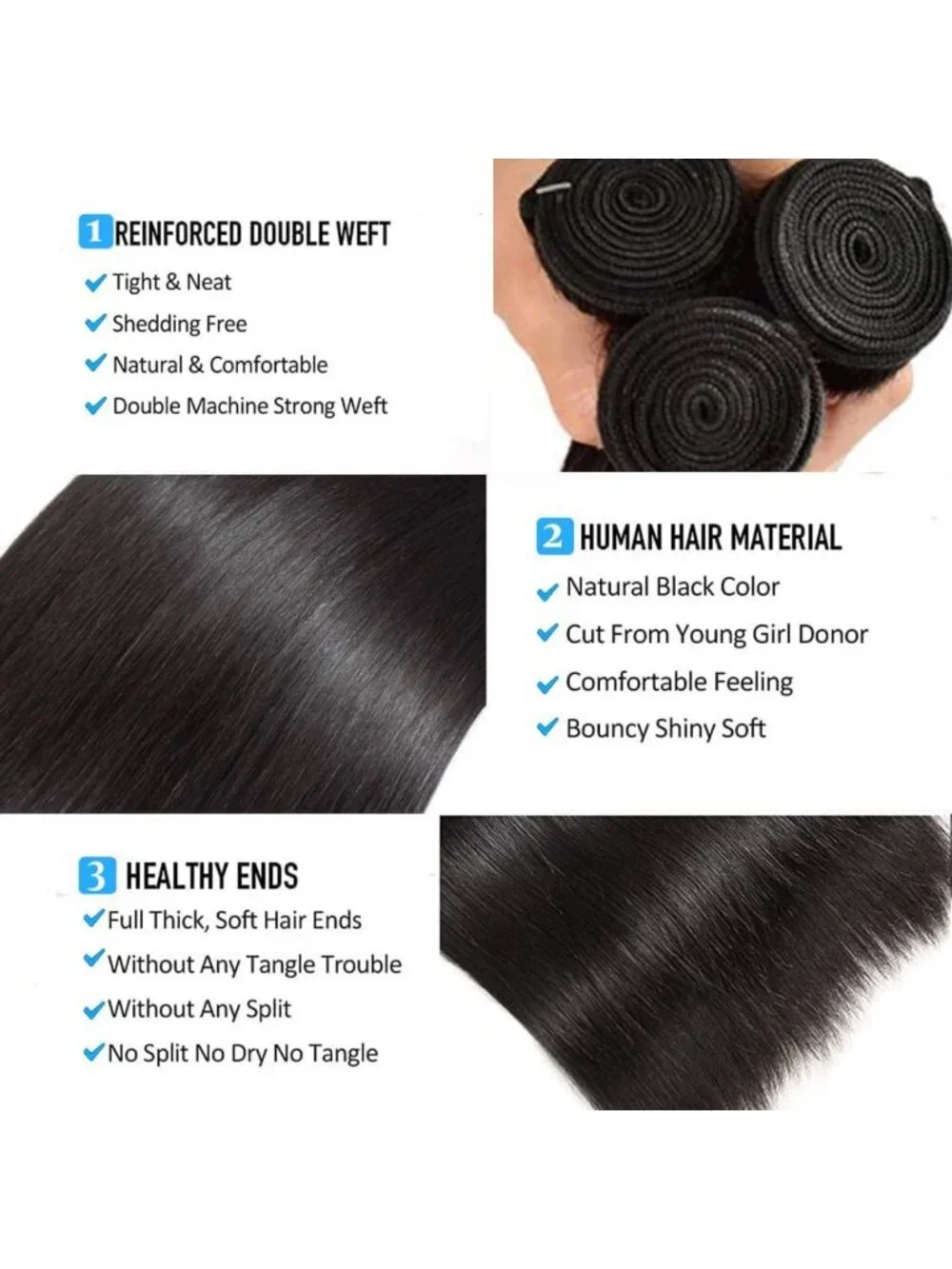 Premium Straight Human Hair Bundles 12-16 Inch, Soft & Silky Extensions